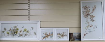 Four early 20th century paintings on opaque glass, studies of birds and flowers, largest 24 x 12.