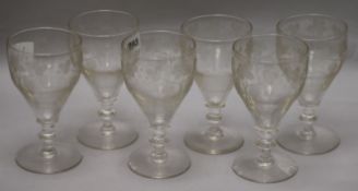 A set of six Stourbridge ale glasses, etched with vine