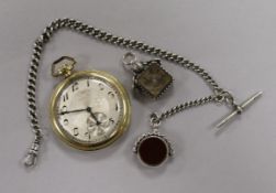 An Elgin engine-turned rolled gold pocket watch, a silver watch chain and two swivel fobs, one