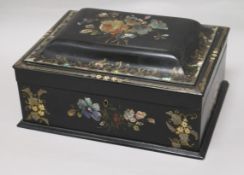 A Victorian floral painted mother of pearl inlaid lacquered papier mache box length 31cm