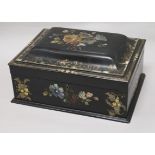 A Victorian floral painted mother of pearl inlaid lacquered papier mache box length 31cm