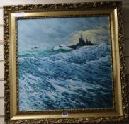 Francis Guise, oil on canvas, warship at sea, signed, 20 x 20in.
