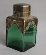 A late Victorian silver mounted green glass salts? jar and cover, marks rubbed, 15.5cm.