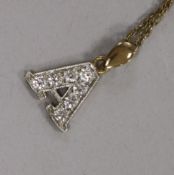 A 9ct gold and simulated diamond initial 'A' pendant on chain.