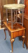 A walnut writing table and a folding table with brass top W.78cm and 60cm