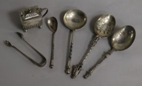 A small collection of silver to include two Russian white metal and niello spoons, a Dutch spoon