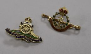 An early 20th century 15ct gold and two colour enamel Royal Army Medical Corps bar brooch and a 14ct