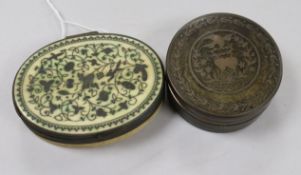 An 18th/19th century ivory and pique work oval snuff box and a 19th century tortoiseshell and gilt