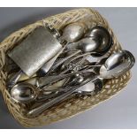 A sterling silver hip flask and a small collection of silver, silver-mounted and plated flatware,