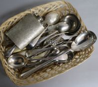 A sterling silver hip flask and a small collection of silver, silver-mounted and plated flatware,