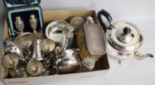 A group of silver and plated items, including a pair of silver peppers, cased, a pair of Victorian