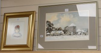 Andrew John, watercolour, Jevington Church in winter, signed, 12 x 19in, and a print of a