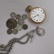 A Bravingtons rolled gold pocket watch, a silver watch chain mounted with an 1887 shilling &