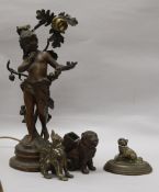 A 19th century bronze seated pug vesta and match holder, a spelter figural table lamp and two