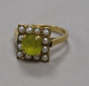 An 18ct gold, green paste and split pearl dress ring, size P.