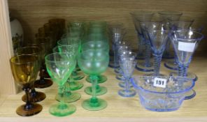 A collection of mixed blue and green and amber glassware tallest 16.5cm