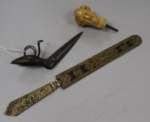 A pair of Islamic scissors, a paperknife and a cane handle