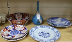An Imari bowl and two plates, a Chinese export plate, a vase etc vase 26cm
