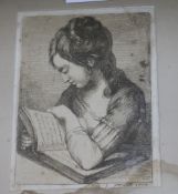 After Angelica Kauffman, engraving, lady reading a book, 1770, 6 x 4.5in.