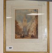 Manner of Samuel Prout, watercolour, Seville street scene, 9 x 7in.