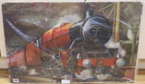 F. Honicke, oil on board, LMS locomotive 'The Kolnapur', signed, 19 x 29.5in., unframed, English