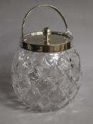 A late Victorian silver lidded glass biscuit barrel, John Grinsell & Sons, Birmingham, 1891, 17cm.
