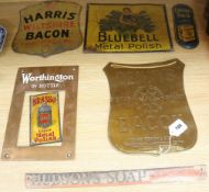 Seven mixed advertising signs for Polish, Starch, Hudsons Soap, Harris Wiltshire Bacon and