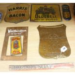 Seven mixed advertising signs for Polish, Starch, Hudsons Soap, Harris Wiltshire Bacon and