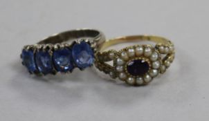 Two Victorian gold gem set rings including four stone sapphire and amethyst and split pearl.