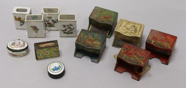 Four Herend matchbox holders, a silver and enamel box, various japanned match holders, etc.