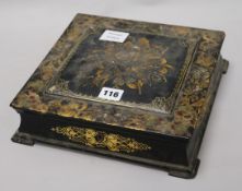 A Victorian papier mache games box 26 x 26cm