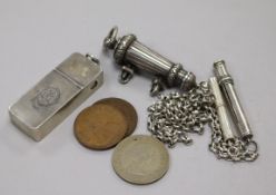 A rifleman's light infantry whistle, vesta, two silver pencils and three coins