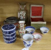 A collection of Chinese ceramics, comprising a modern pewter-mounted redware teapot (lacking