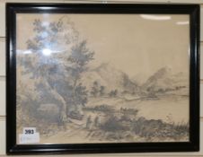 Joseph Wilkinson (1763-1831), pencil drawing, lakeside view, 13 x 17.5in.