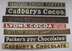 Seven shelf advertising signs for toffee biscuits, chocolate and cocoa longest 53cm