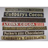 Seven shelf advertising signs for toffee biscuits, chocolate and cocoa longest 53cm