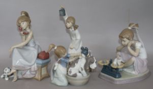 Three Lladro figures and a Nao figure, boxed, to include How You've Grown, no. 5474, Bashful Bather,