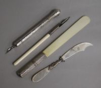 A late Victorian silver mounted Sampson Mordan & Co letter opener, a mother of pearl paperknife