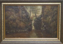 Albert Gilbert, oil on canvas, 'Clydach Falls', inscribed verso, 10 x 16in. and an oil riverscape by