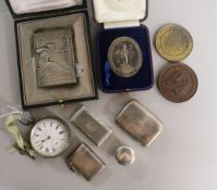 A silver vesta case, silver pill box, silver snuff box and other items including cased medallions,