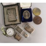 A silver vesta case, silver pill box, silver snuff box and other items including cased medallions,