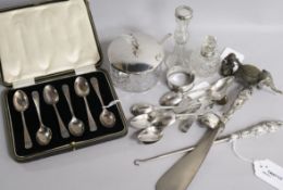 A set of six silver shell pattern teaspoons, cased, six Georgian bright-cut teaspoons and