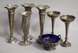 Two pairs of early 20th century silver specimen vases, two other silver vases and a silver 'Vintners