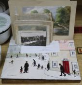 A group of assorted pictures and prints including two oils after L.S. Lowry