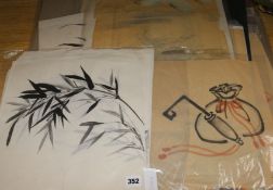 A quantity of assorted Japanese prints, watercolours on silk and other studies