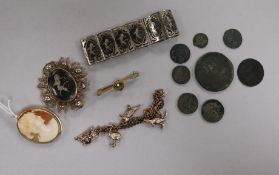 A small collection of jewellery, etc, comprising 14K gold-mounted cameo brooch, a 9ct gold bar
