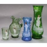 Four pieces of Mary Gregory glass tallest 27cm