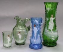 Four pieces of Mary Gregory glass tallest 27cm