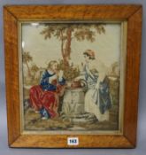 A 19th century woolwork religious scene, maple framed 32 x 28cm