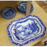 A group of six 18th / 19th century Staffordshire Masons and Caughley blue and white dishes largest -
